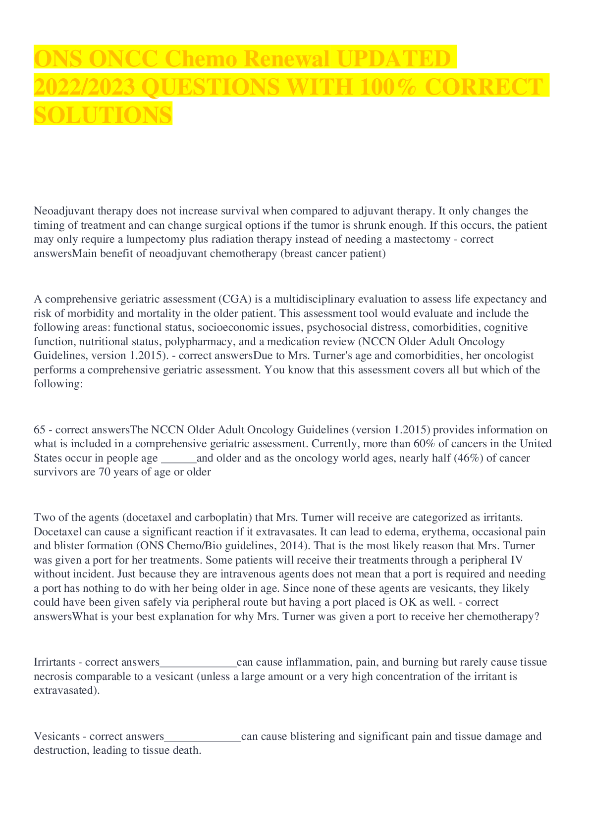 Preview image for ONS ONCC Chemo Renewal UPDATED 2022/2023 QUESTIONS WITH 100% CORRECT SOLUTIONS